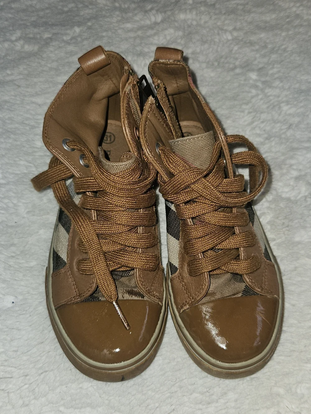 Burberry Brown Tan Check High-Top Sneakers for Kids
